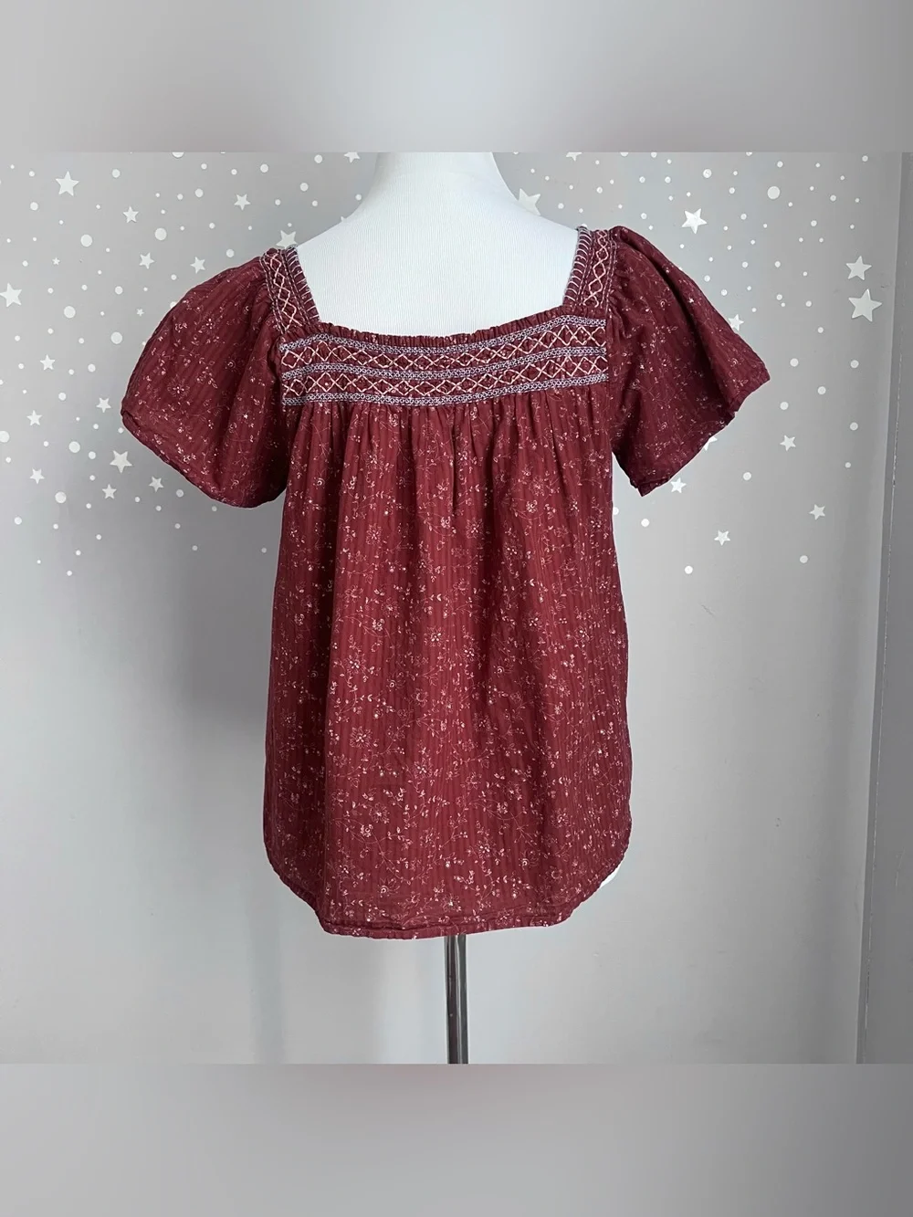 Madewell Square Neck Smocked Top XS Rusted Burgundy Floral Puff Sleeve Cotton